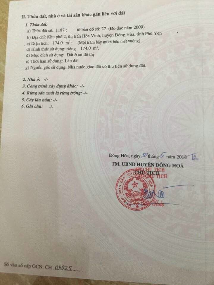 Bán đất Hòa Vinh, Phú Yên, DT 174m2 giá 1.9 tỷ có thỏa thuận. LH ngay 0989734734