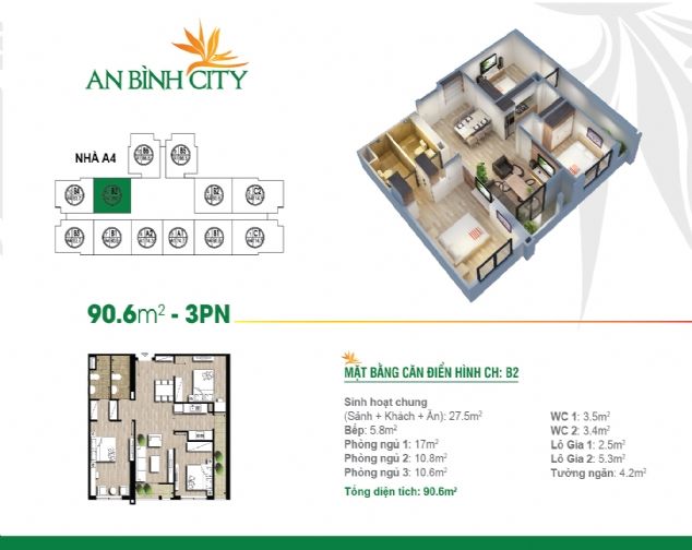 Bán căn hộ 3 ngủ 90m2 chung cư An Bình, Bắc Từ Liêm.