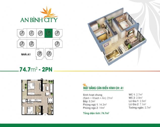 Bán căn hộ 75m2 gồm 2N 2VS toà A7 tầng cao,chung cư An Bình, nội thất CB.