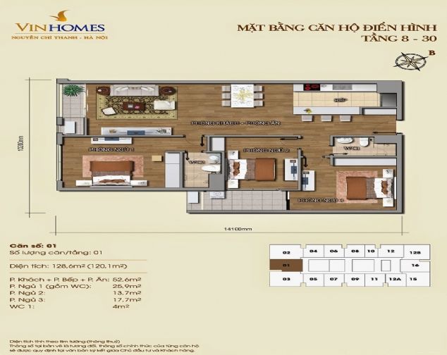 Căn hộ 03 phòng ngủ, DT 128m2 cho thuê tại Vinhomes Nguyễn Chí Thanh