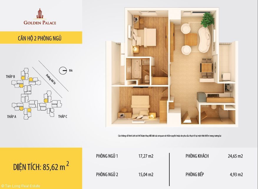 Căn hộ 2 phòng ngủ nhiều diện tích tại chung cư Golden Palace Mễ Trì