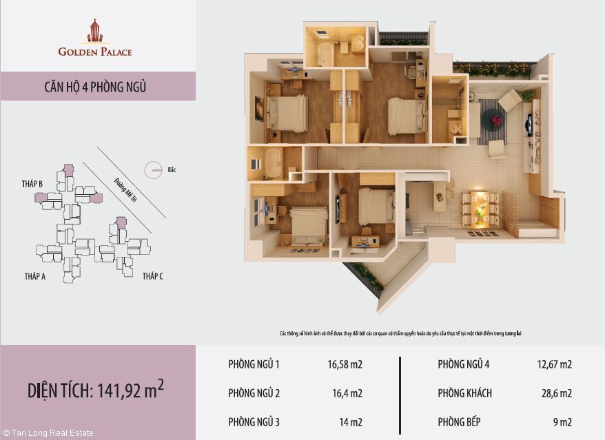 Căn hộ 4 phòng ngủ sang trọng, nhiều loại diện tích tại Golden Palace Mễ Trì