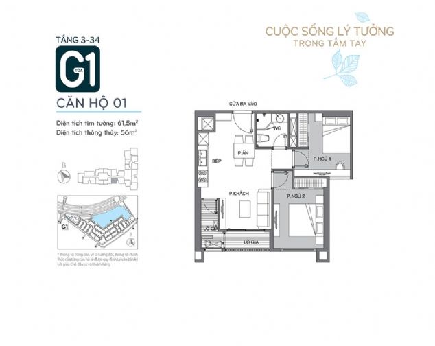 Cho thuê căn hộ 02 ngủ, dt 61m2 tòa G1 Vinhomes Green Bay