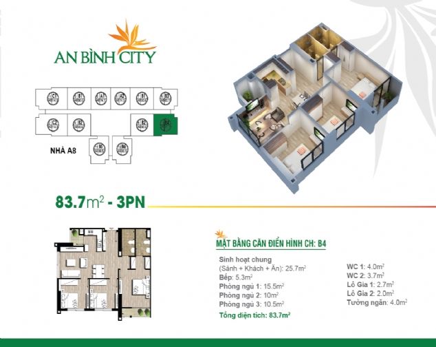 Cho thuê căn hộ 03PN, 83m2, An Bình City