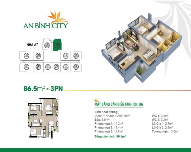 Cho thuê căn hộ 03 ngủ, 86m2, An Bình City