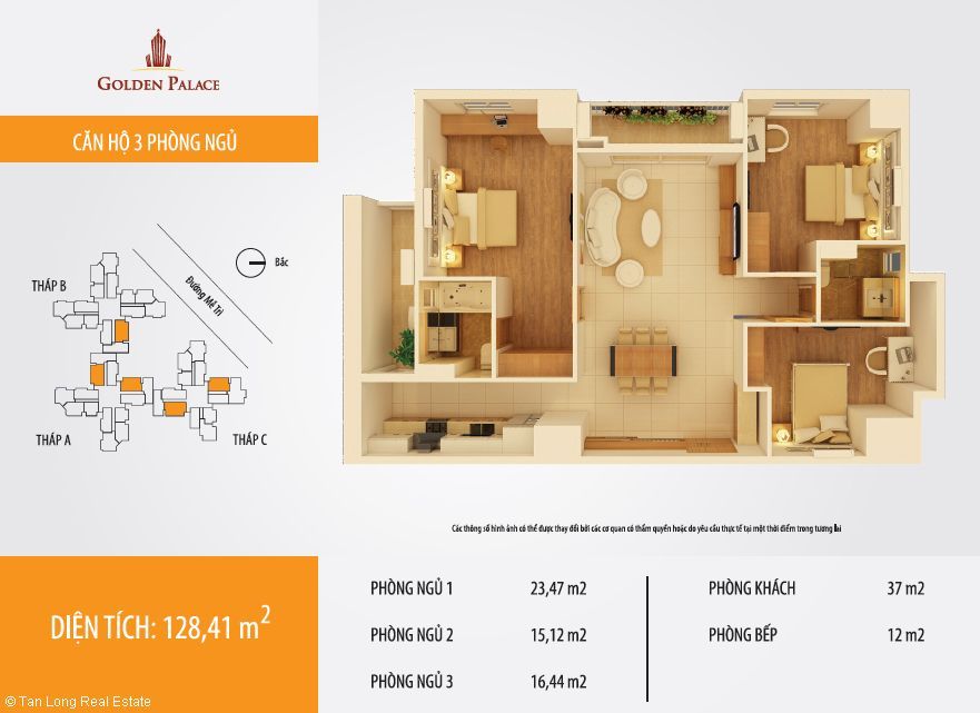 Golden Palace cho thuê căn hộ 3 phòng ngủ, đủ đồ, giá hợp lý