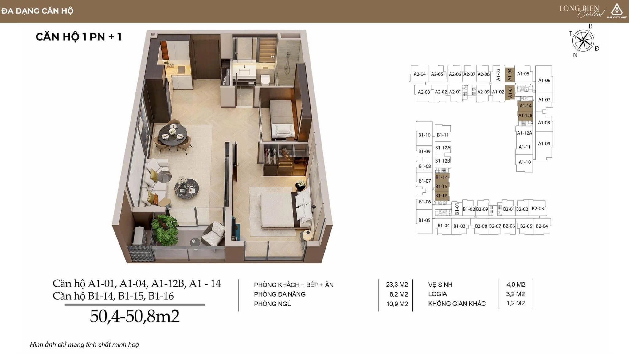 Cho thuê căn hộ 1PN+ Long Biên Central hướng Đông – Ban công thoáng, nội thất sang trọng