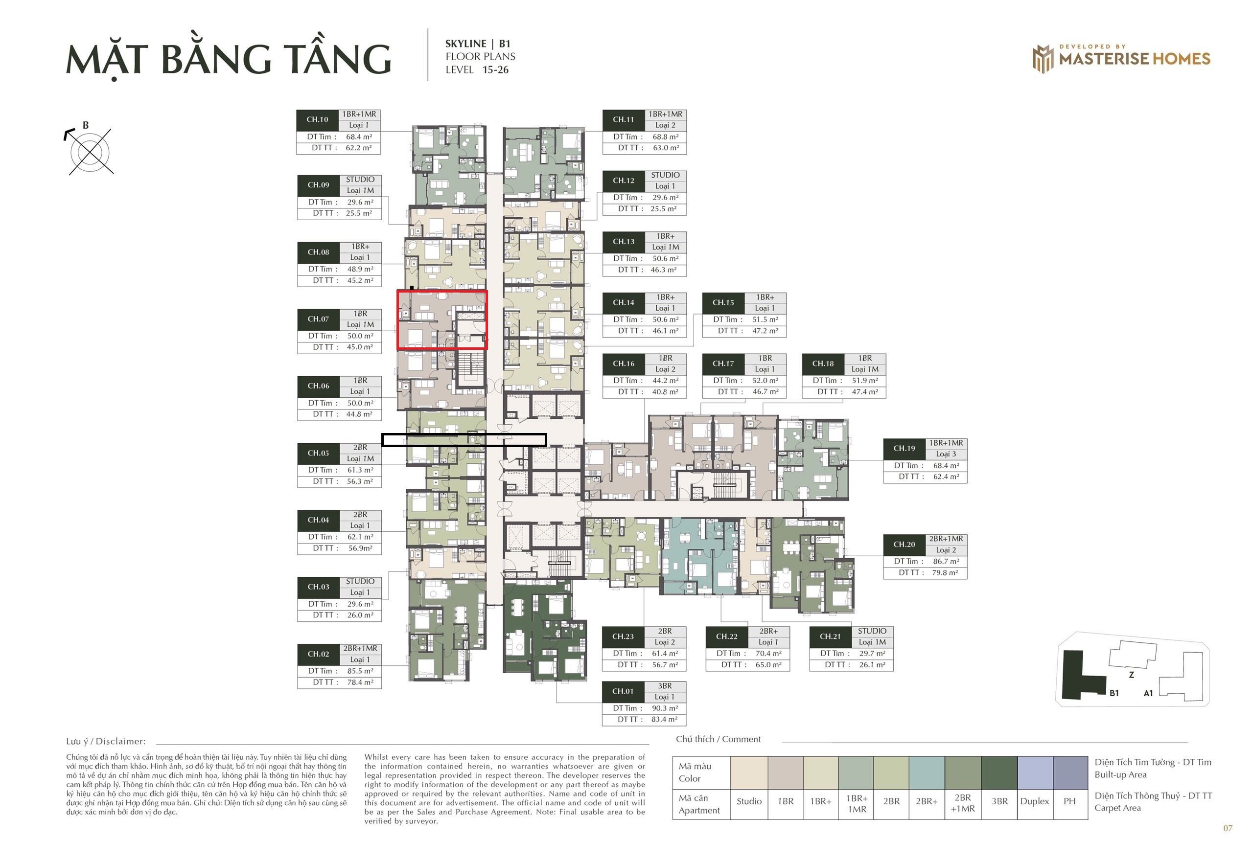CHO THUÊ CĂN 1 NGỦ– TÒA B1 SKYLINE, LUMIÈRE PRIME HILLS 45.0M², TẦNG 20 HƯỚNG ĐÔNG BẮC