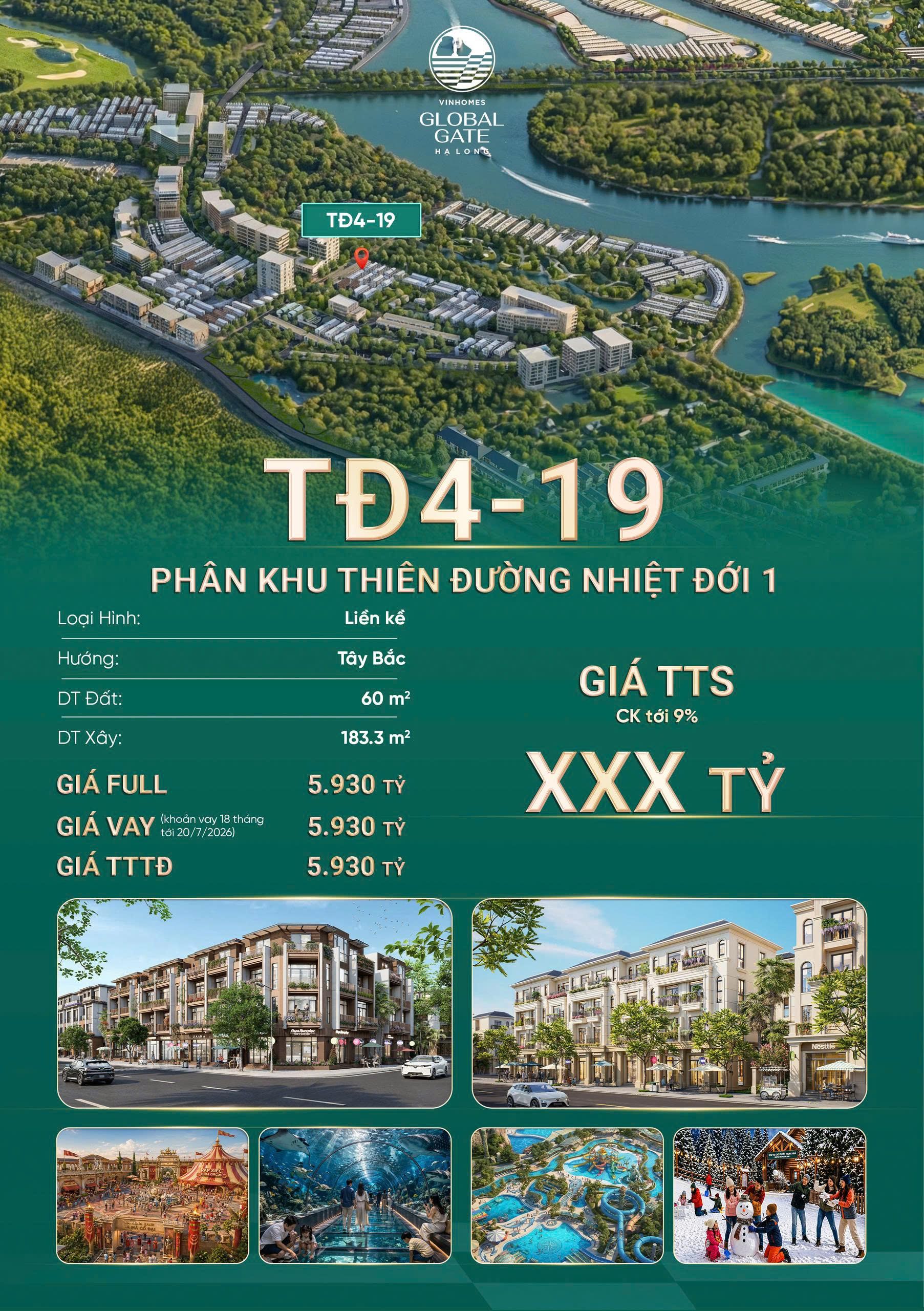 Bán liền kề Thiên Đường Nhiệt Đới - Tây Bắc, DT đất 60m2, DTXD 183m2 Vinhomes Global Gate Hạ Long