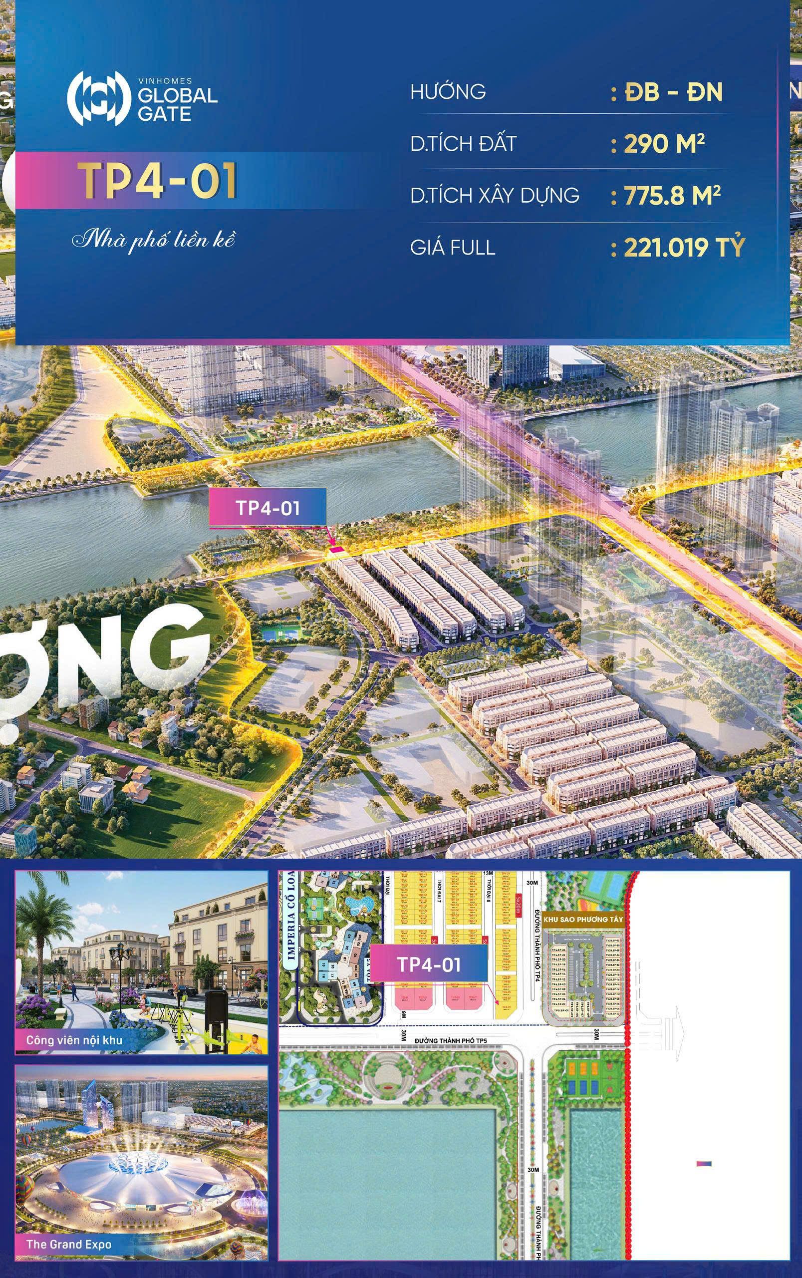 Bán shophouse 3 mặt tiền DT 290m2 view hồ khu Thịnh Vượng Vinhomes Cổ Loa