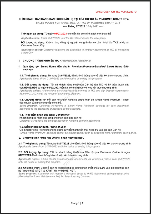 Chính sách bán hàng của khu The Tonkin