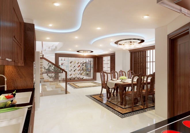 Xây nhà 3 tầng, một lửng với nội thất gỗ tự nhiên