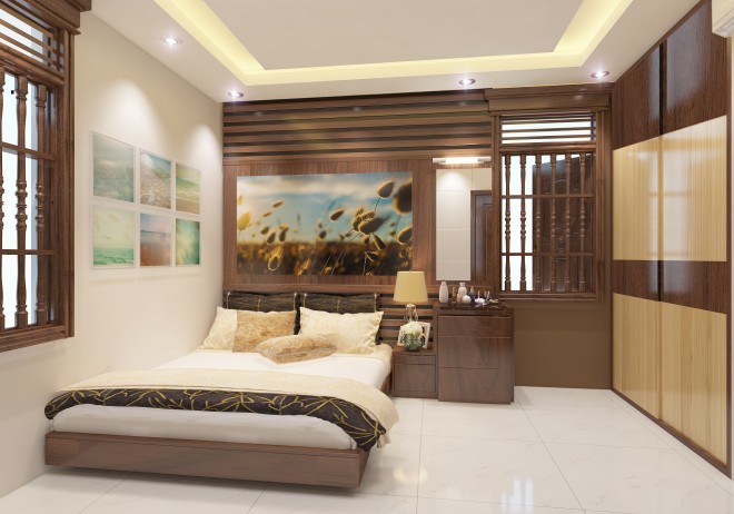 Xây nhà 3 tầng, một lửng với nội thất gỗ tự nhiên