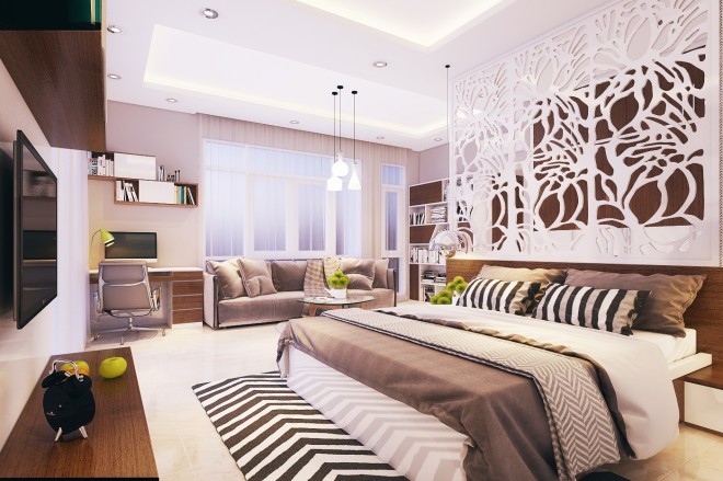 Xây nhà 3 tầng, một lửng với nội thất gỗ tự nhiên