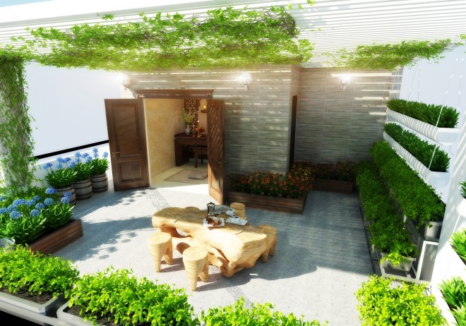 Xây nhà 3 tầng, một lửng với nội thất gỗ tự nhiên