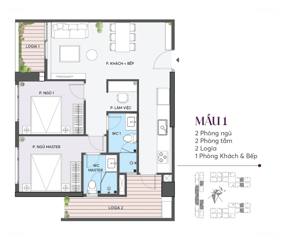Layout căn hộ 2 phòng ngủ Hinode Royal Park