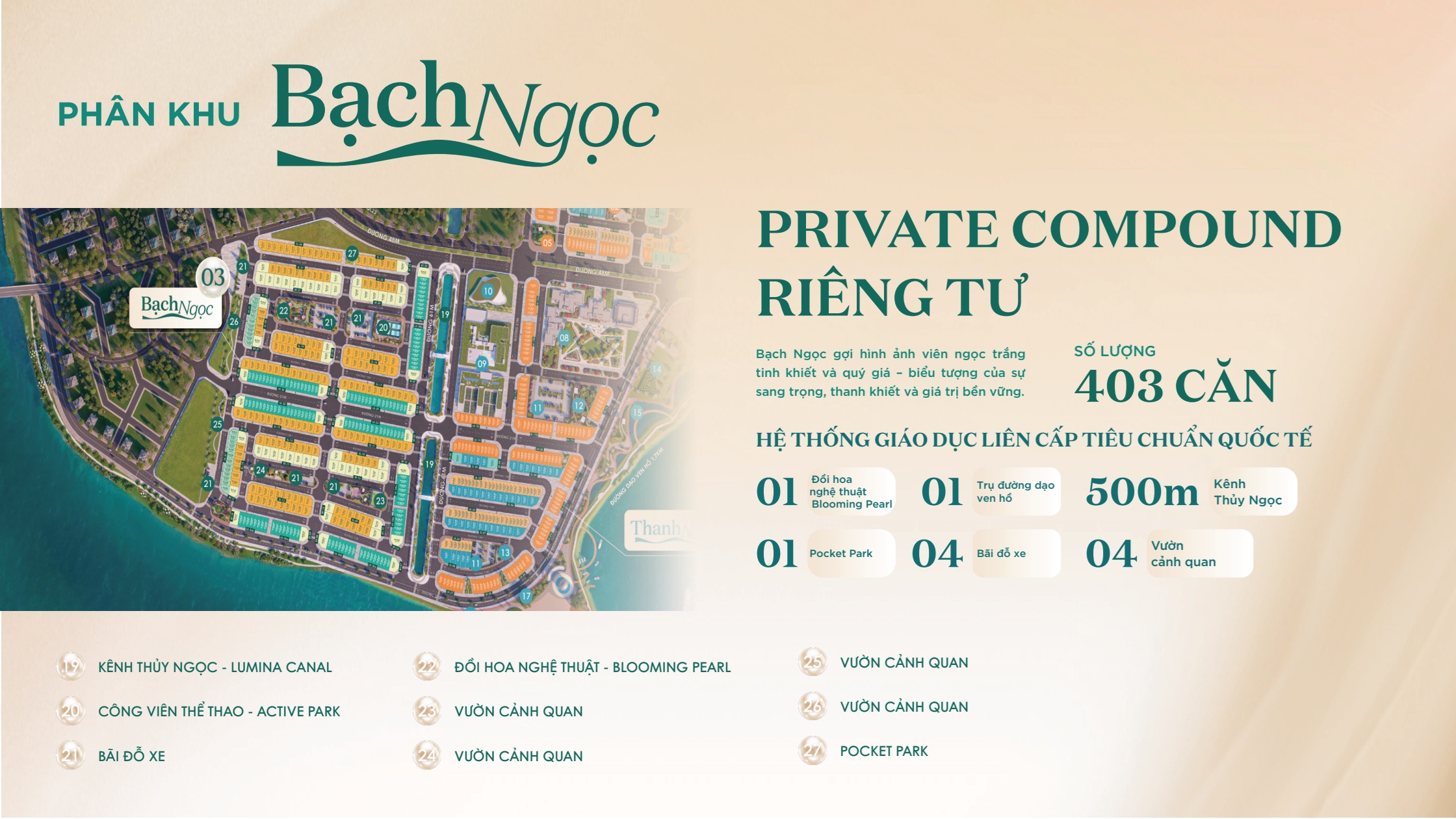 Phân khu Bạch Ngọc Pearl Rivera Hà Nội và biểu tượng compound riêng tư